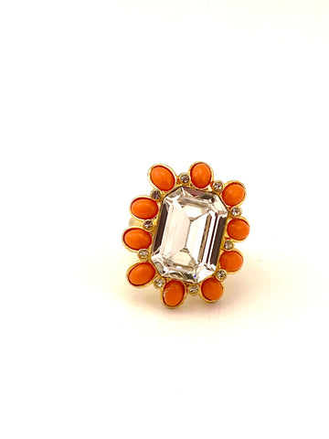 Vintage KJL Crystal and FauxCoral Ring Size 5/6