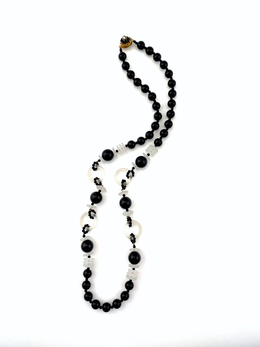 Vintage Miriam Haskell Long Black and Clear Beaded Necklace