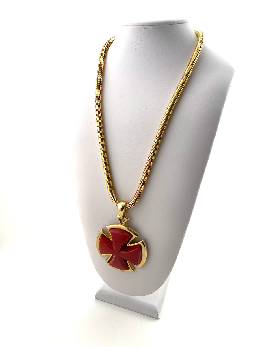 1970s Lanvin Modernist Red Lucite Cross Pendant Necklace with Snake Chain