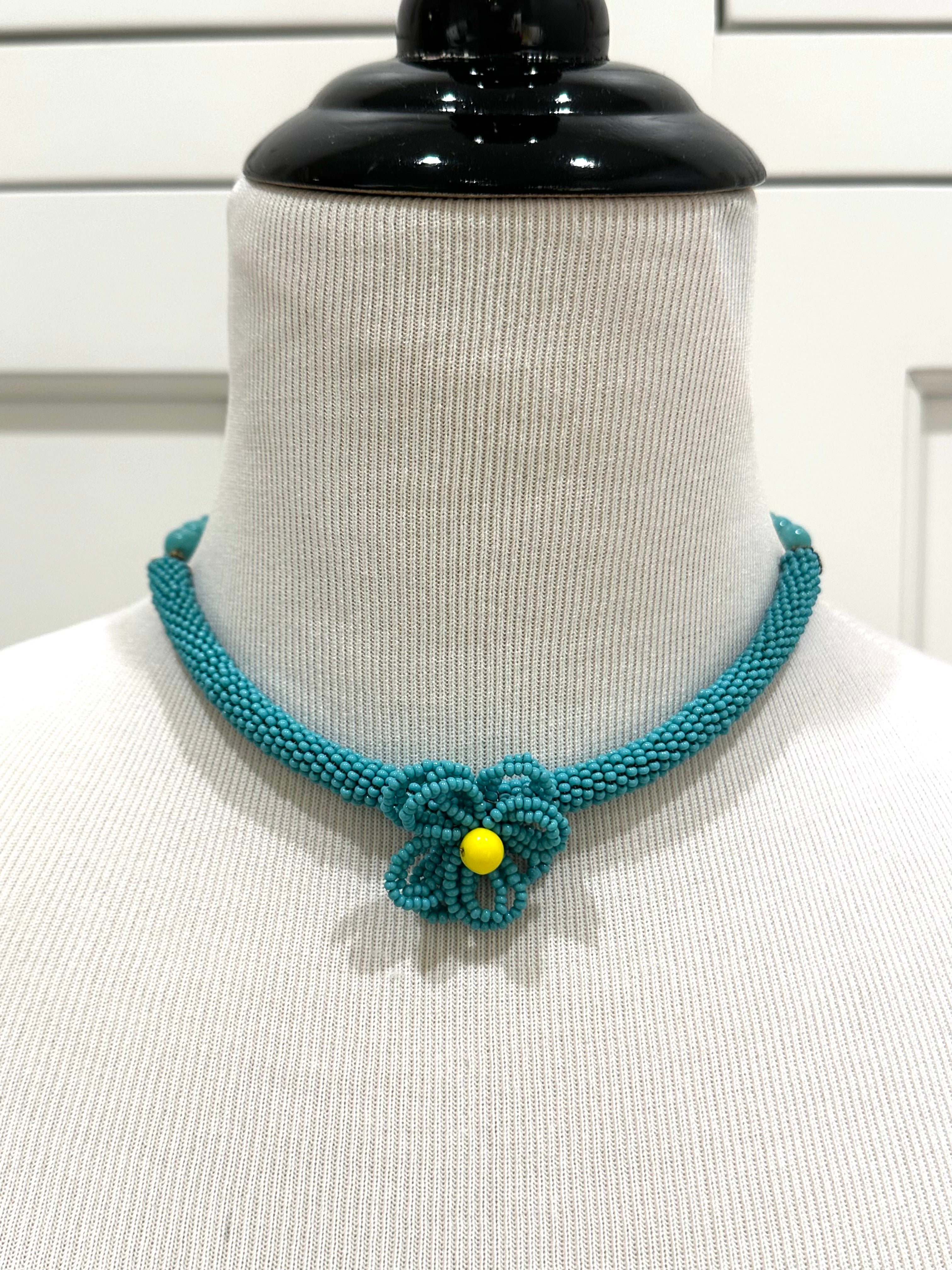 Vintage Miriam Haskell Turquoise Beaded Flower Necklace – Ladybug
