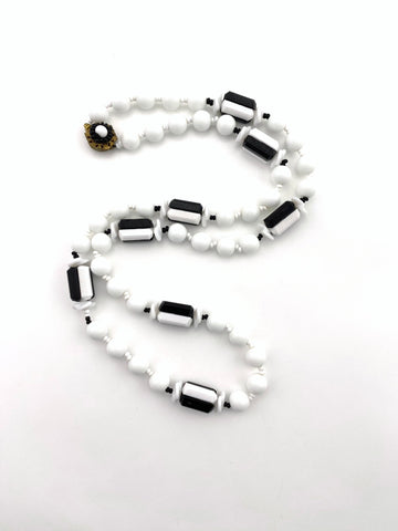 Vintage Miriam Haskell Long Black and White Glass Bead Necklace