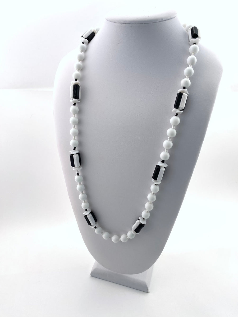 Vintage Miriam Haskell Long Black and White Glass Bead Necklace