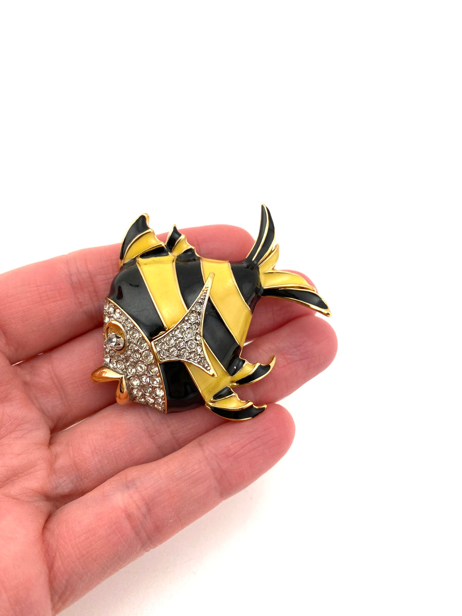 Vintage 1970s Yellow and Black Tropical Fish Brooch