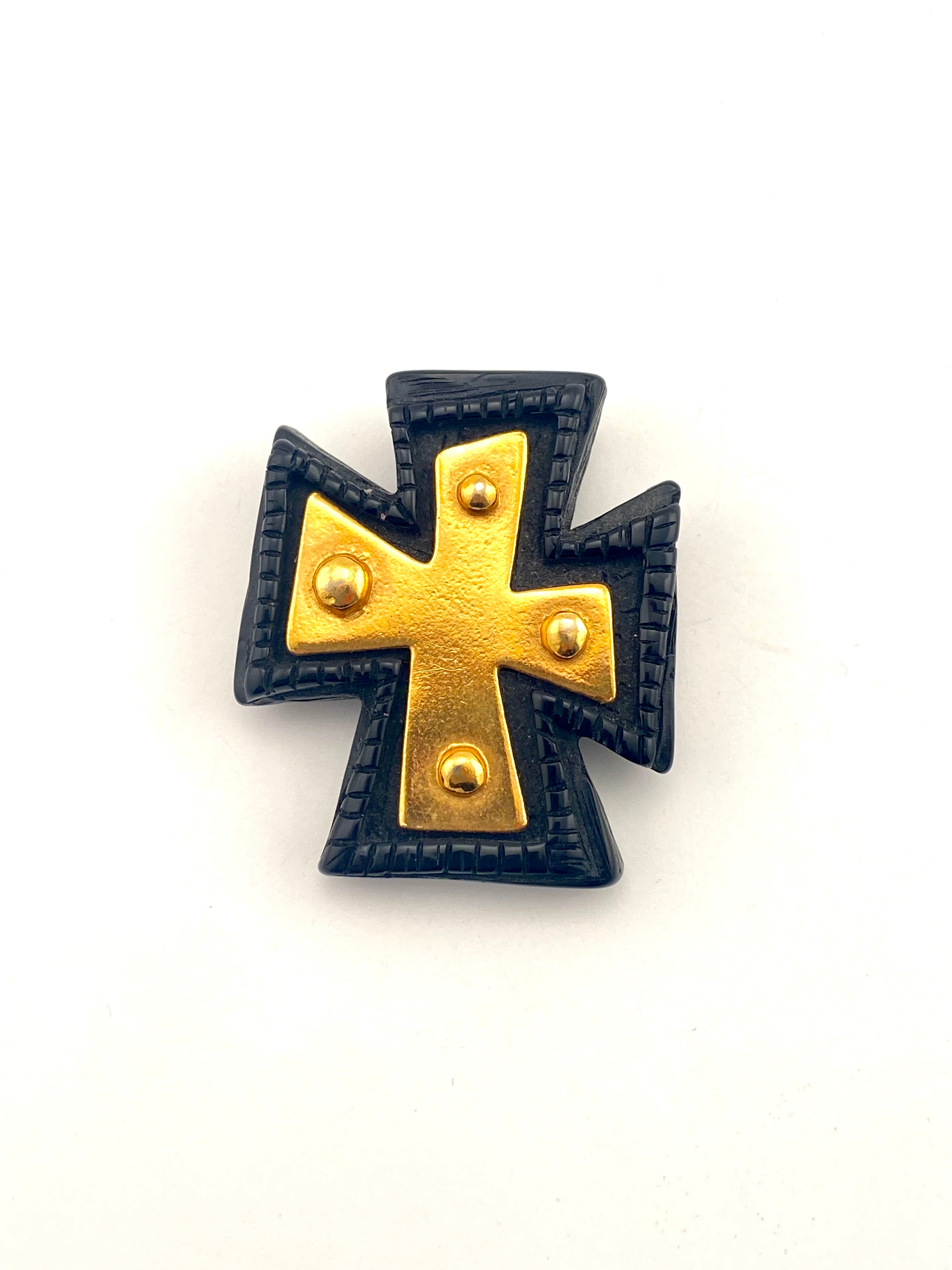 1990s Christian LaCroix Black and Gold Cross Brooch – Ladybug Vintage