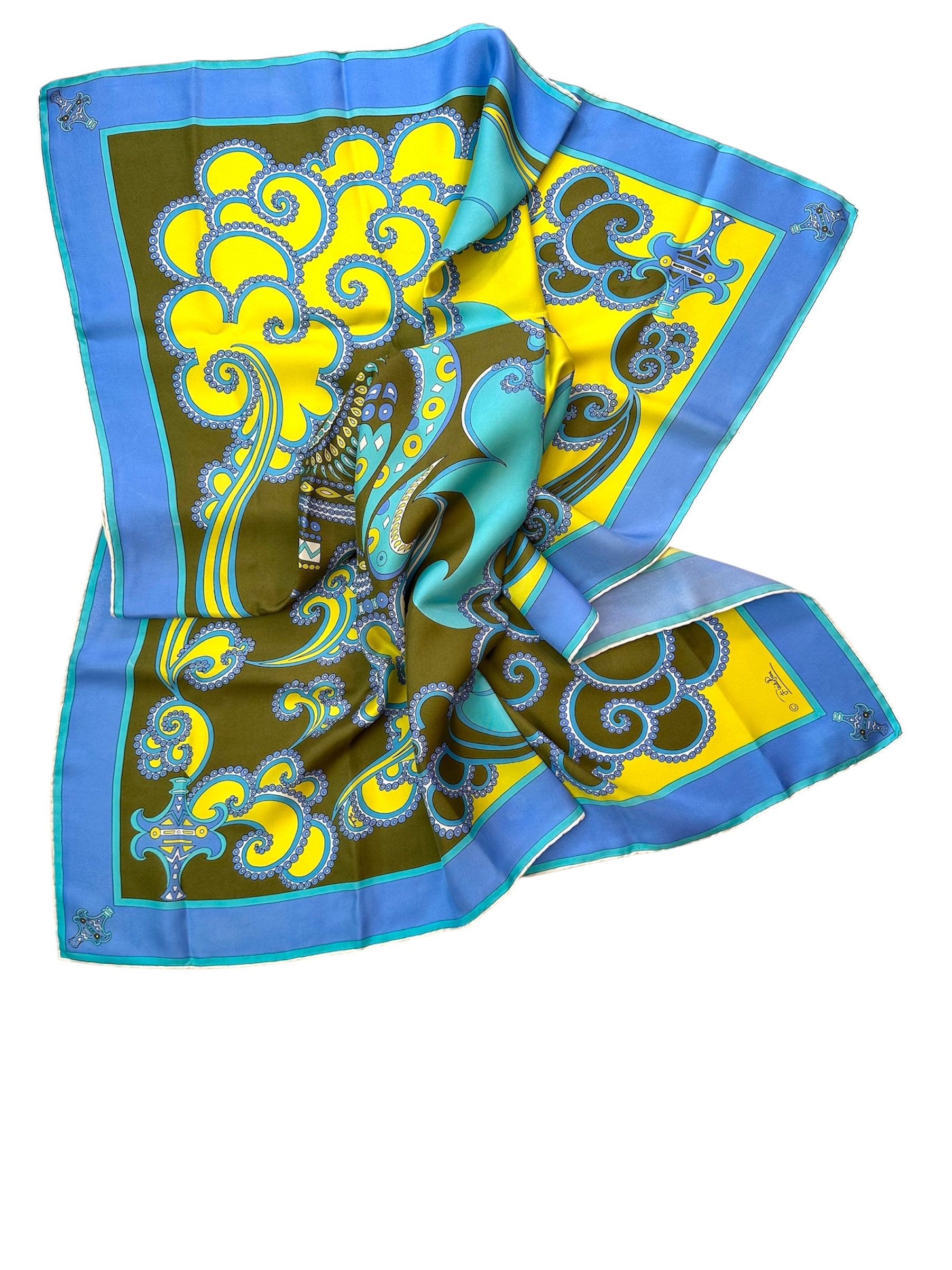 Vintage 1970s Emilio Pucci Scarf in Shades of Turquoise and Yellow