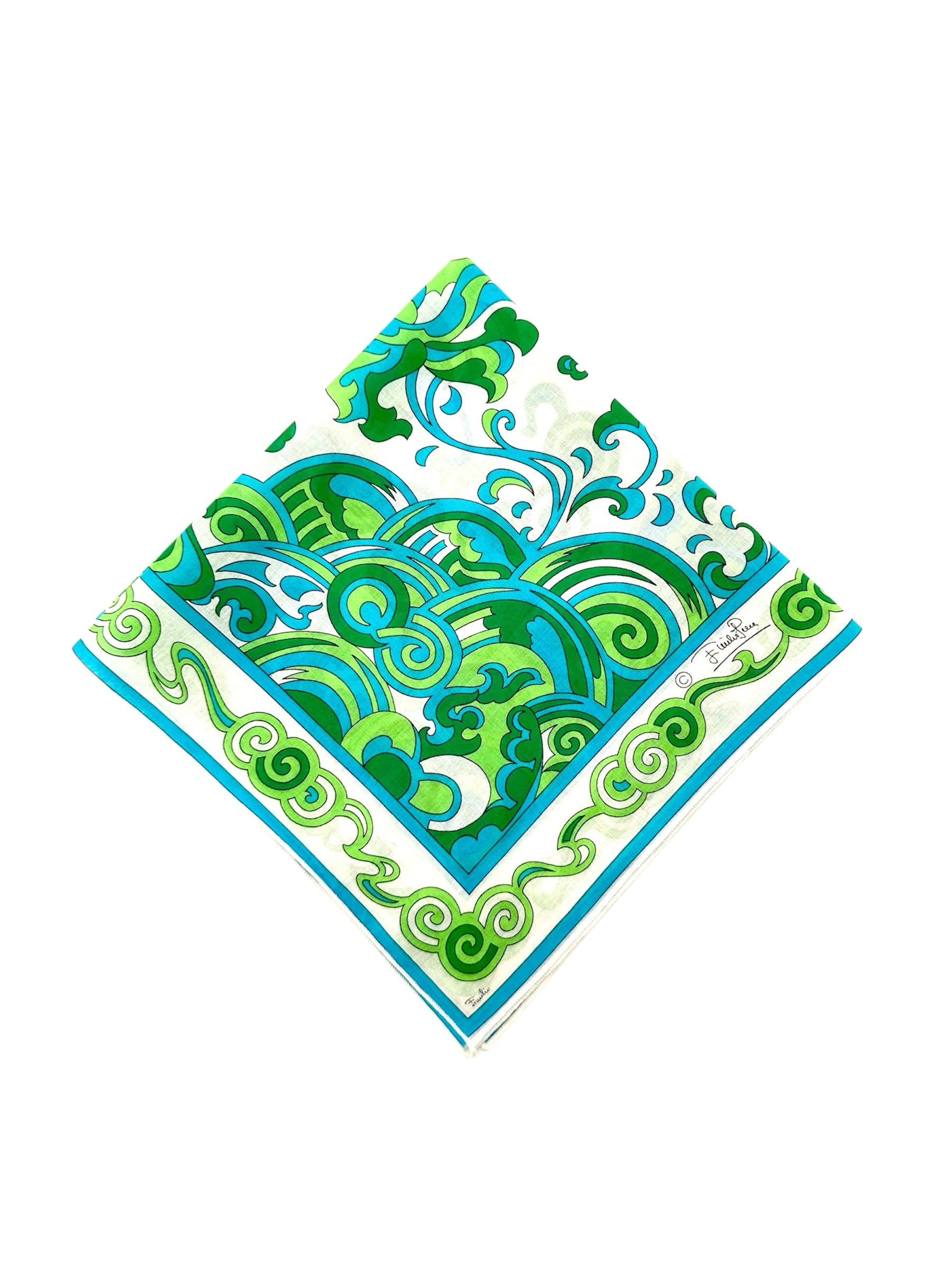 1970s Emilio Pucci Green and Turquoise Small Cotton Scarf