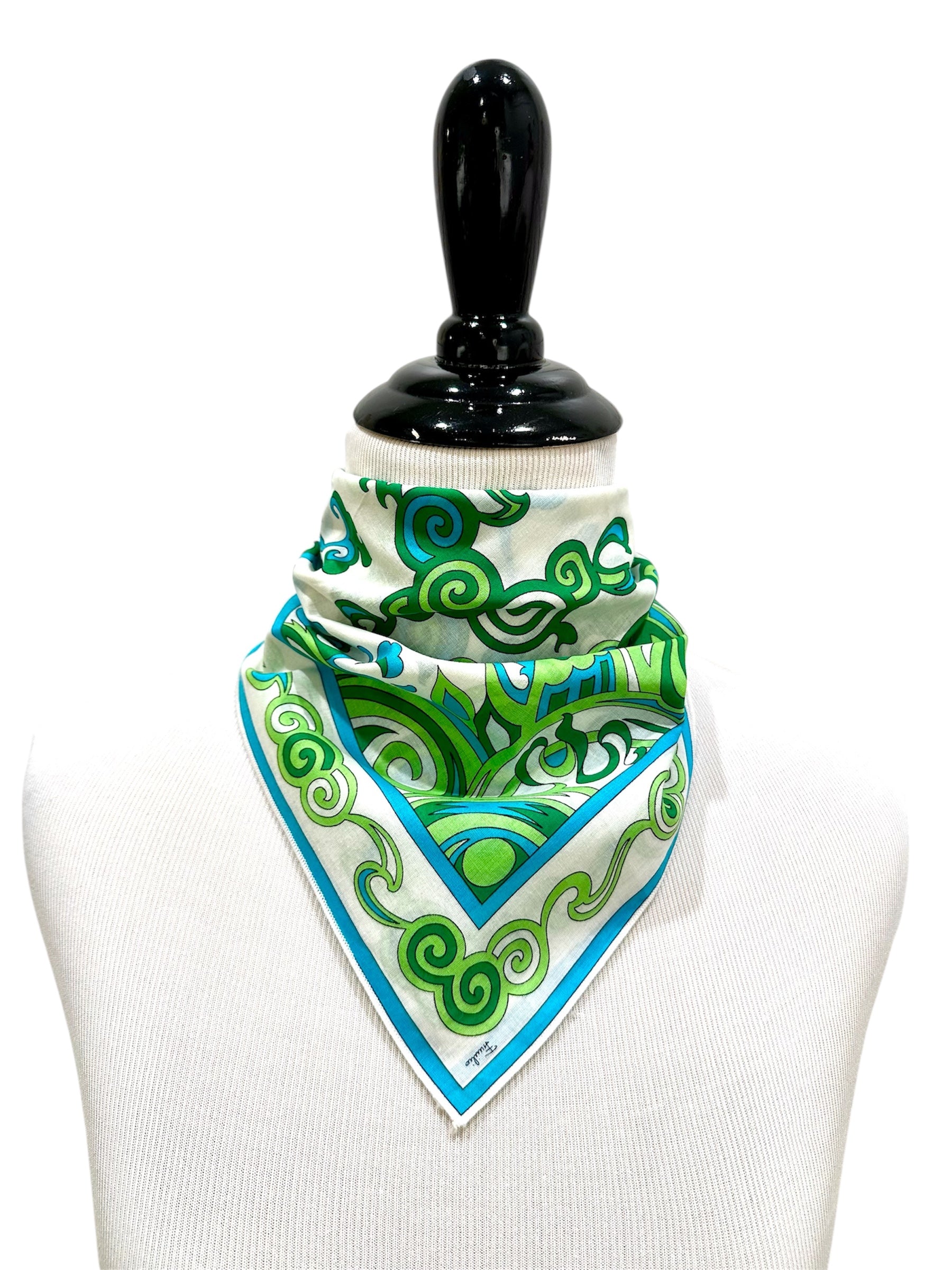 1970s Emilio Pucci Green and Turquoise Small Cotton Scarf