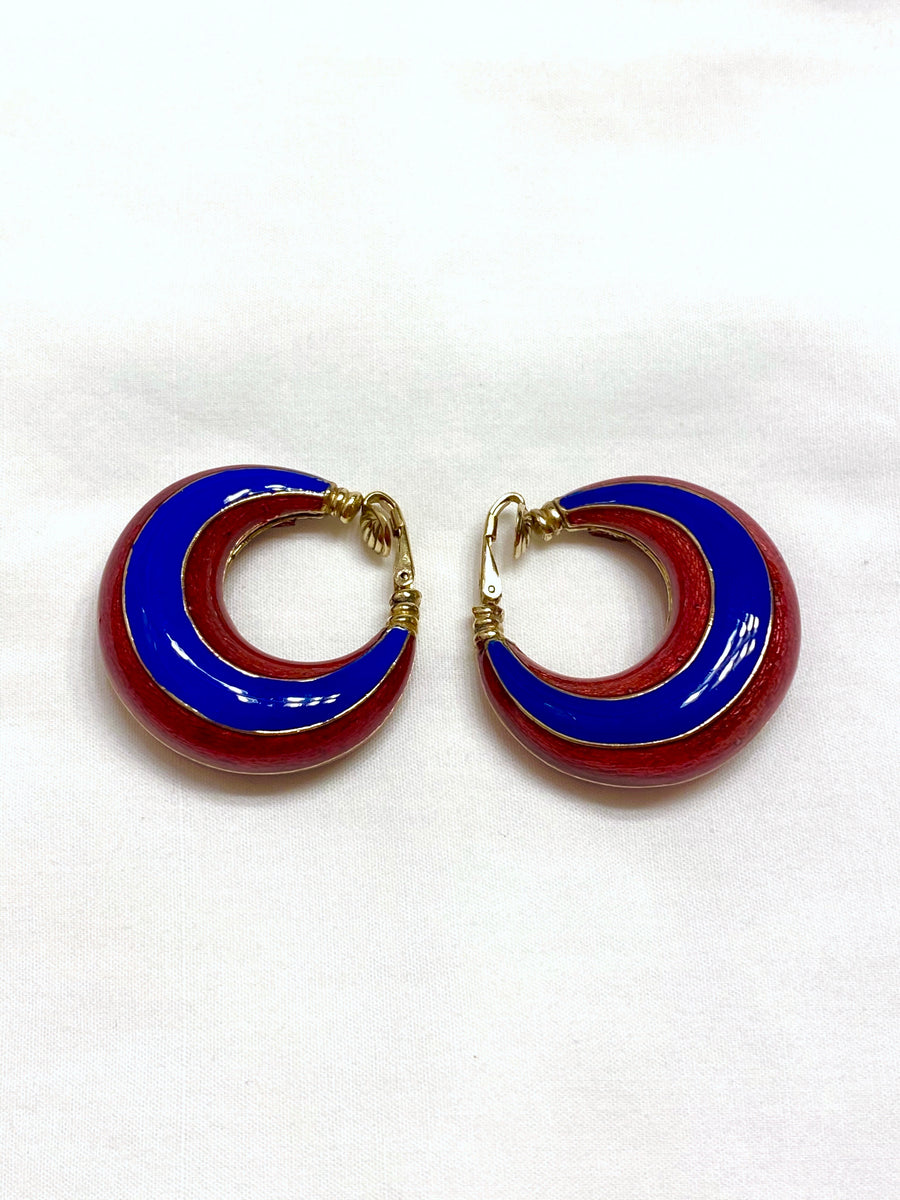 1970s Ciner Red and Blue Enamel Hoop Earrings