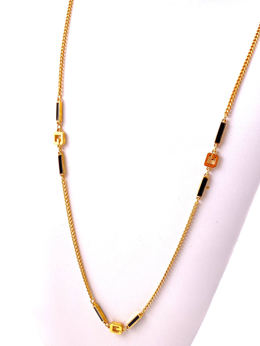 1980s Givenchy Goldtone and Black Enamel Logo Necklace