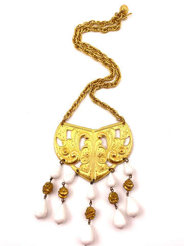 1970s Kenneth Jay Lane Pendant Necklace with White Beads