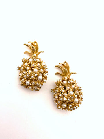 1950s Pearl and Rhinestone Pineapple Earrings Alice Caviness