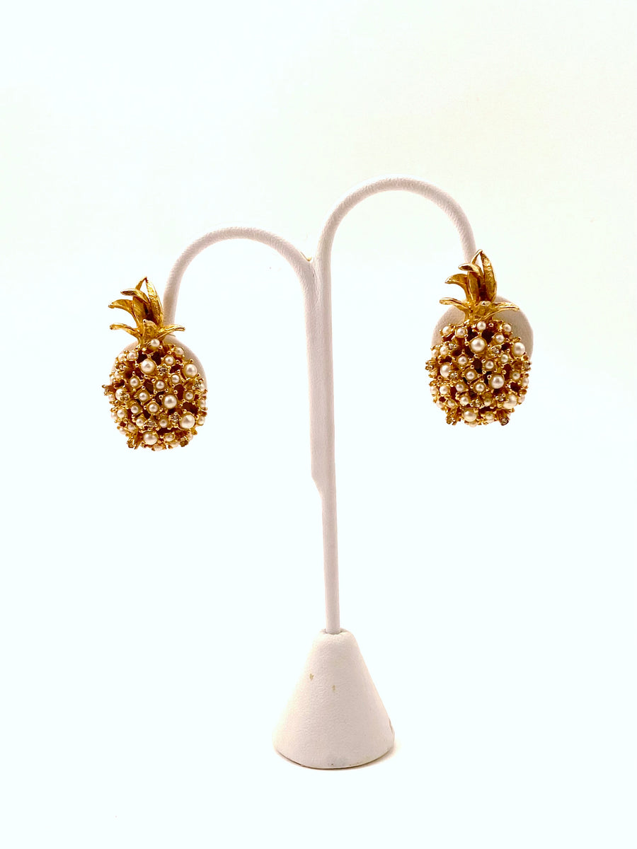 1950s Pearl and Rhinestone Pineapple Earrings Alice Caviness