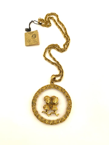 1970s Large Lucite Gemini Pendant Necklace