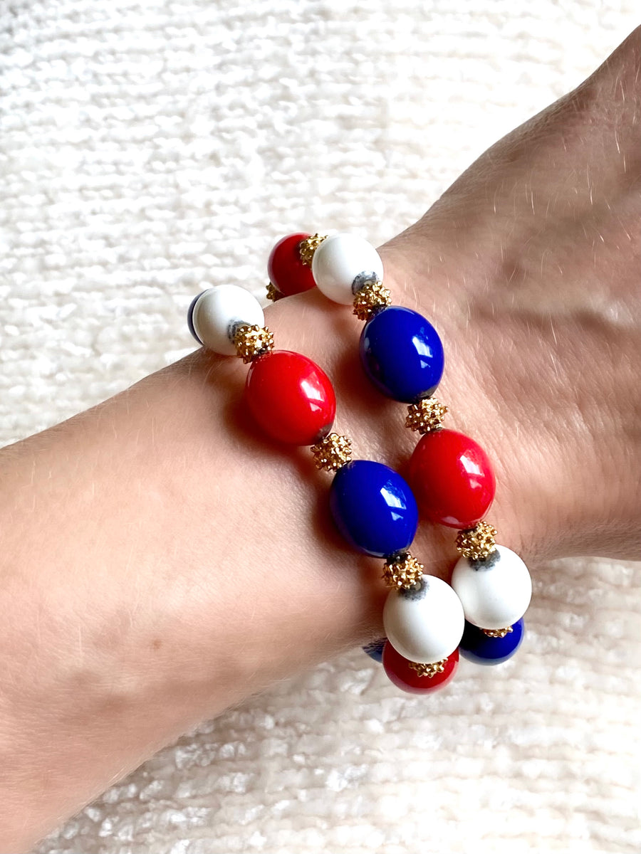 1970s Trifari Red White Blue Beaded Bracelet