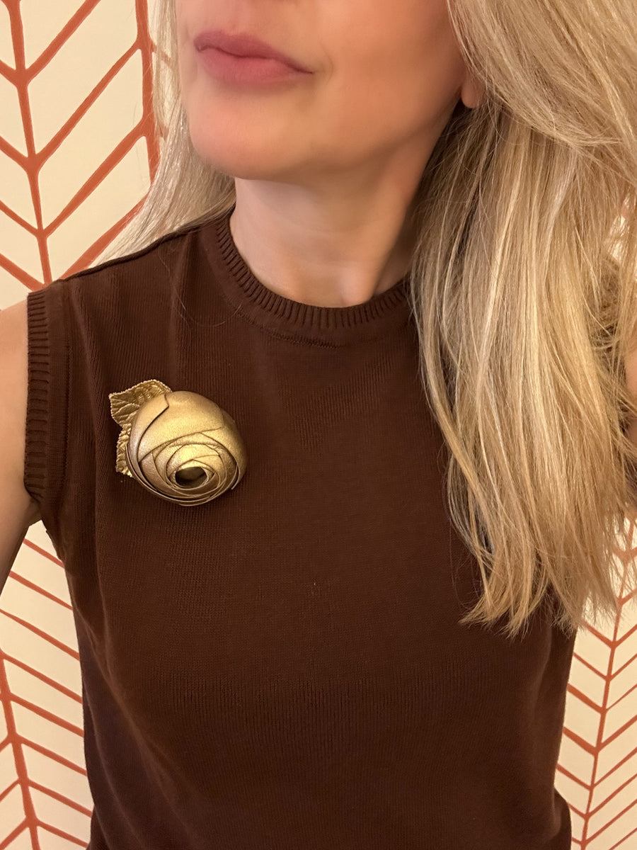 Vintage Chanel Gold Leather Camellia Brooch