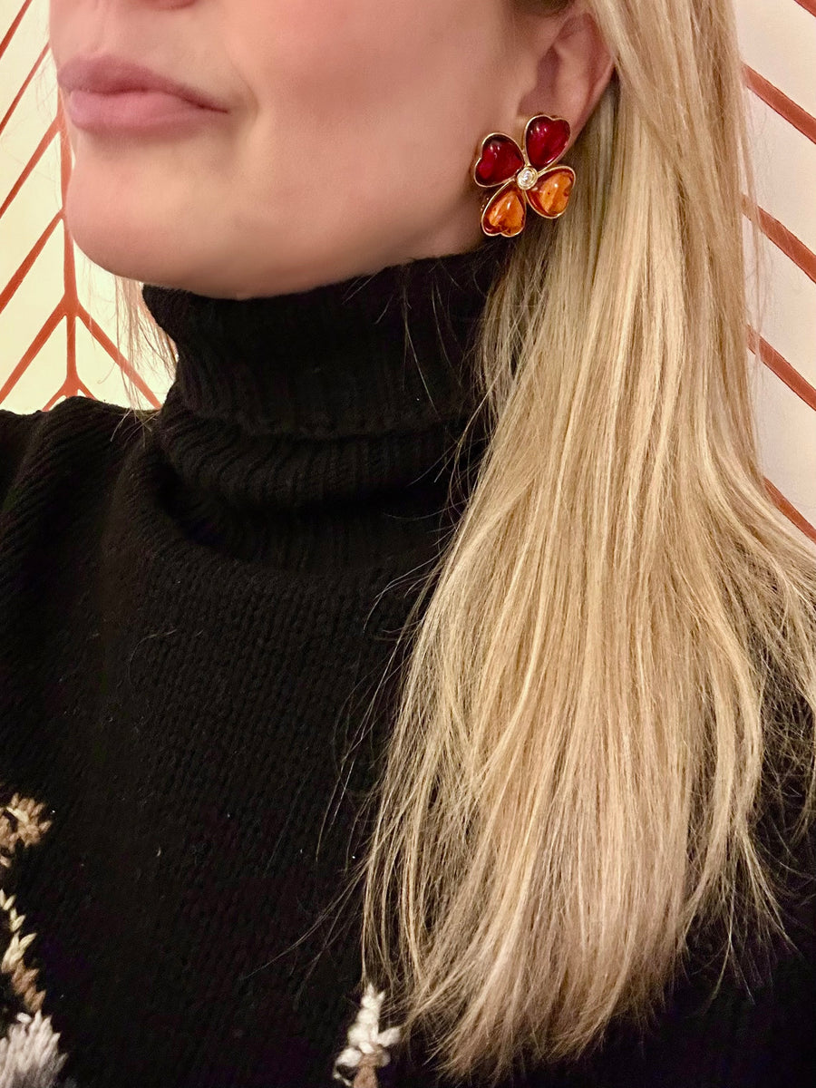 1980s Yves Saint Laurent Red and Orange Flower Earrings