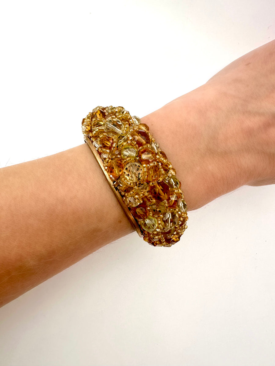 1950s Coppola e Toppo Amber Crystal Beaded Brass Cuff Bracelet