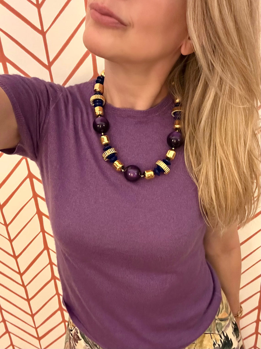 Vintage 1980s Yves Saint Laurent Large Purple, Blue and Gold Beaded Necklace