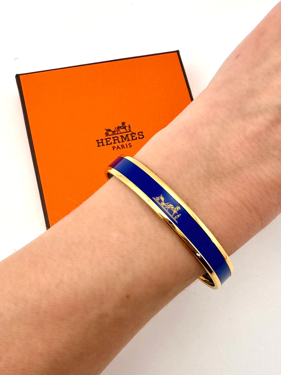 Hèrmes Blue Enamel Bangle with Gold Caleche