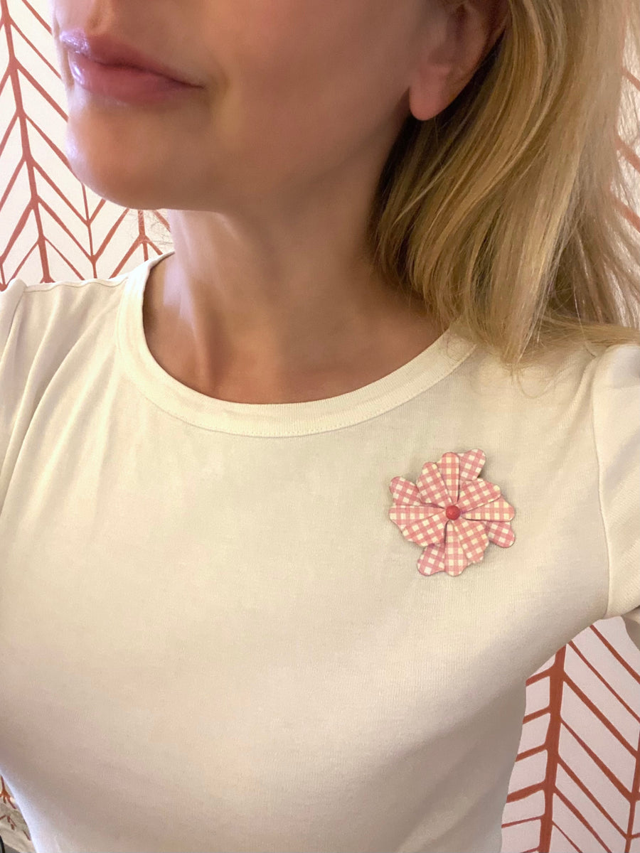 Vintage Pink and White Gingham Flower Brooch