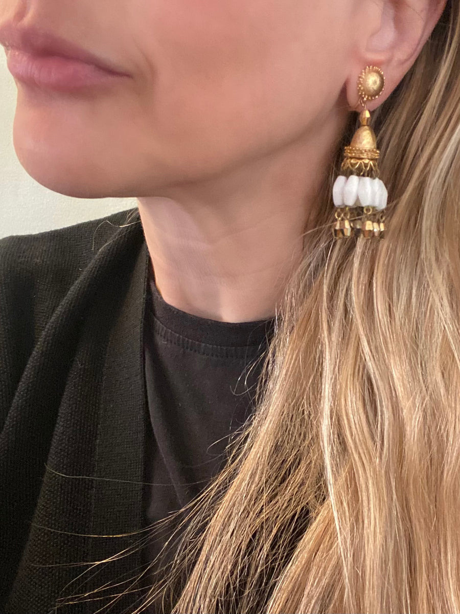 1960s White and Gold Trifari Tassel Clip Earrings