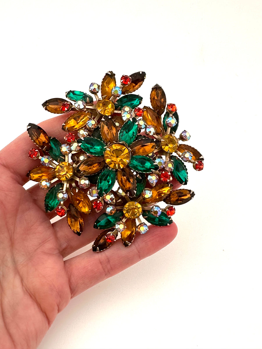 Large Vintage 1950s Colorful Rhinestone Brooch