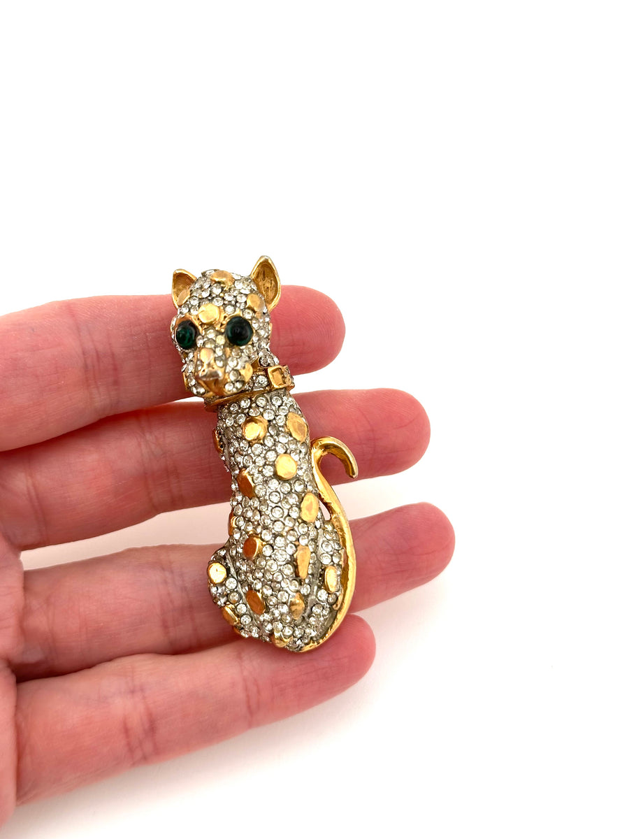 1970s Kenneth Jay Lane Rhinestone Leopard Brooch