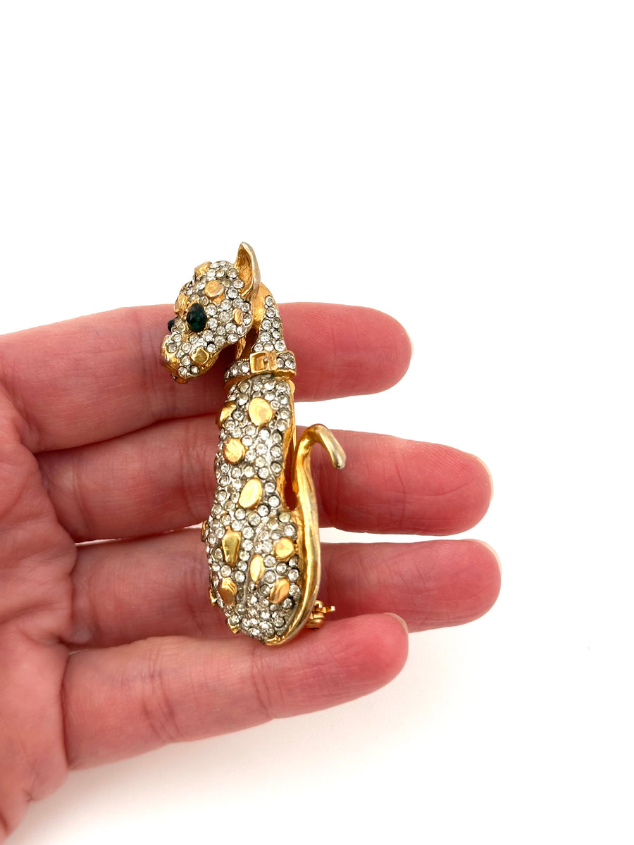 1970s Kenneth Jay Lane Rhinestone Leopard Brooch