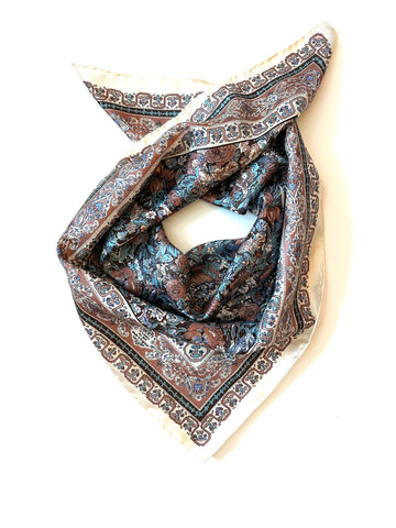 1970s Liberty of London Brown and Cream Floral Scarf with Border