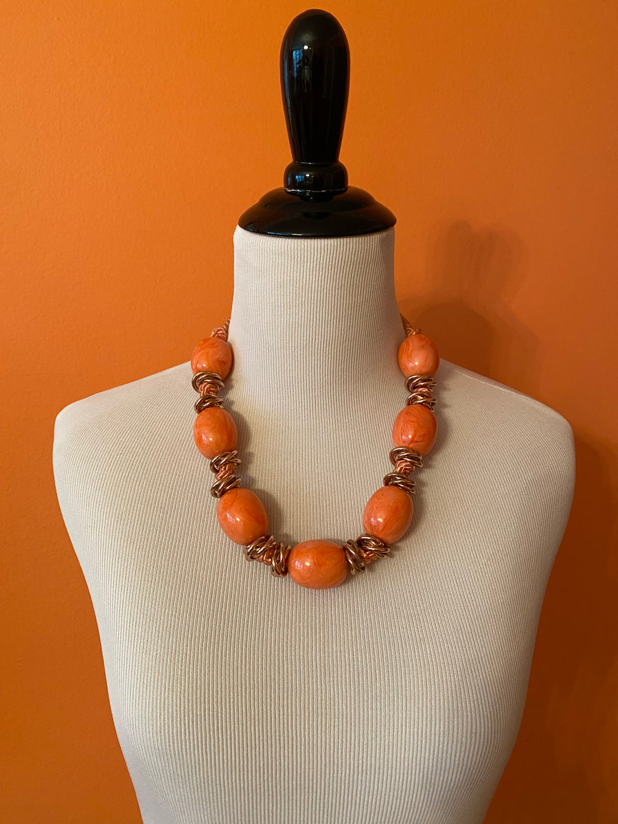 Coral Lucite Bead and Silk Cord Necklace