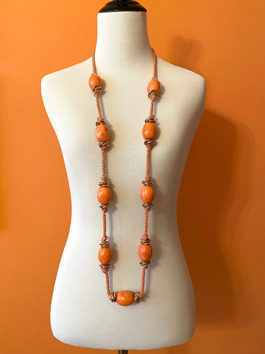 Long Coral Lucite Bead and Silk Cord Necklace