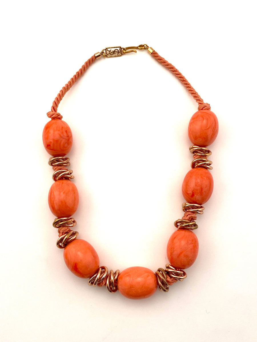 Coral Lucite Bead and Silk Cord Necklace