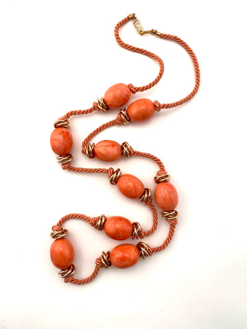 Long Coral Lucite Bead and Silk Cord Necklace