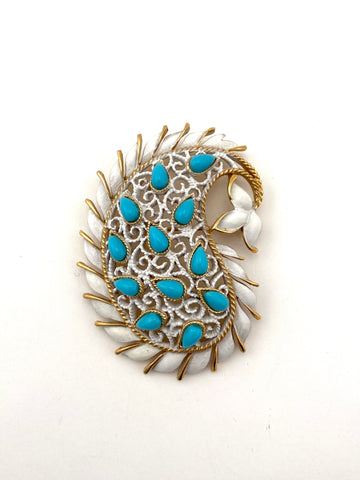 1960s Trifari White and Turquoise Paisley Brooch
