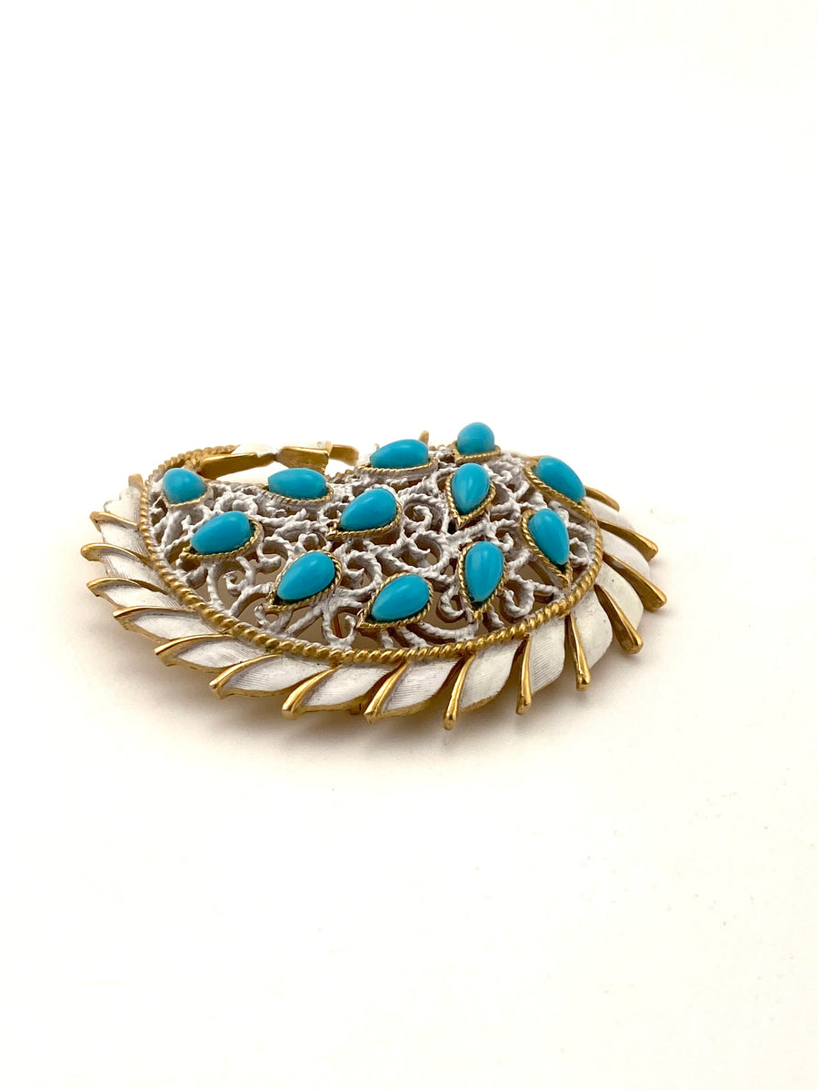 1960s Trifari White and Turquoise Paisley Brooch
