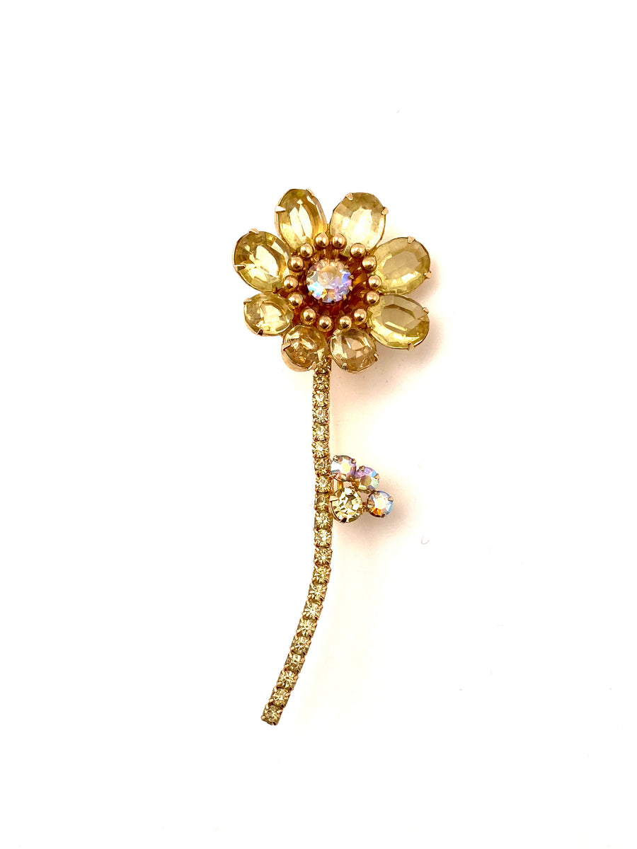 1950s Large Yellow Crystal Flower Brooch