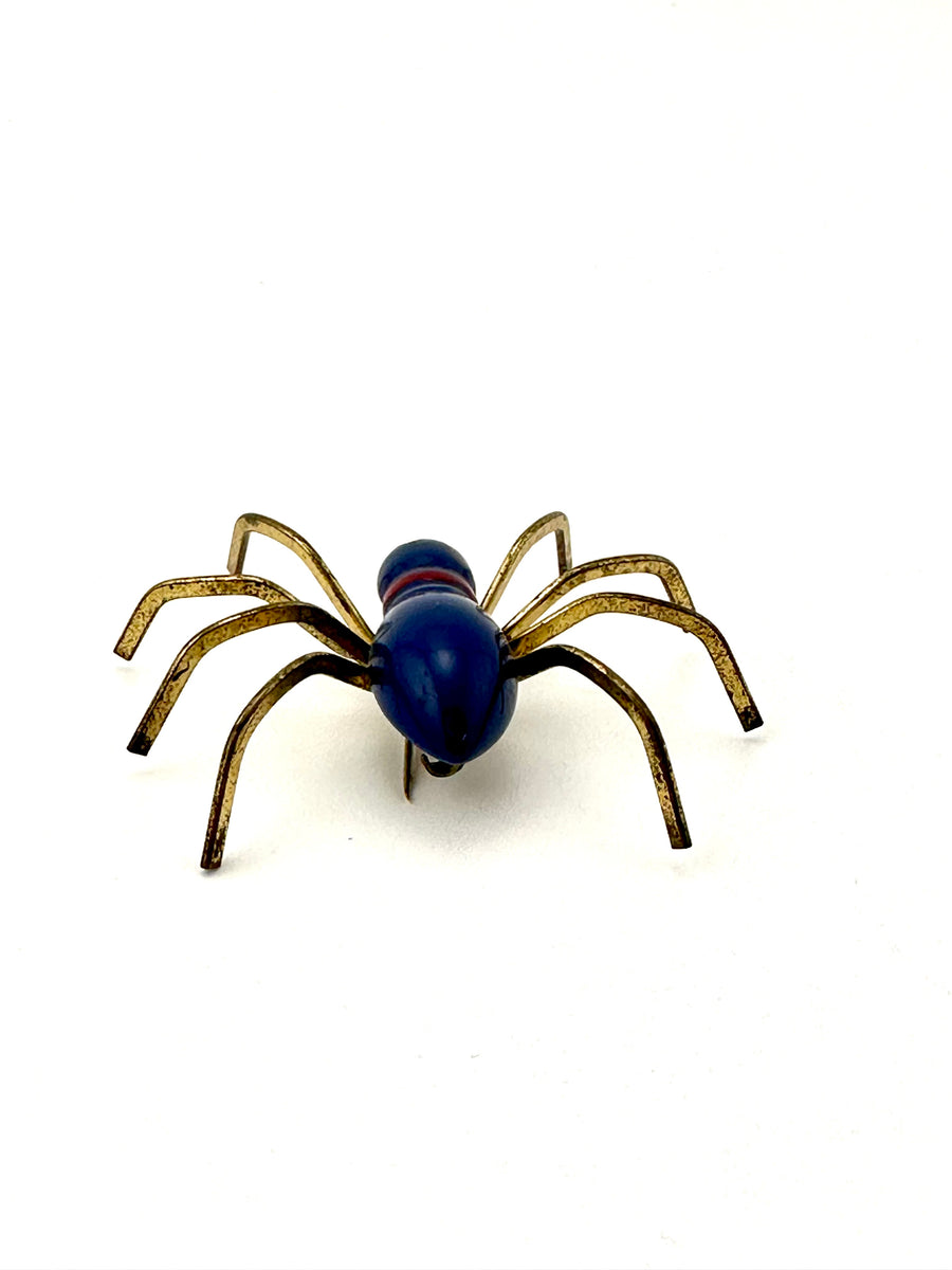 Vintage 1940s Blue Lacquer Spider Brooch