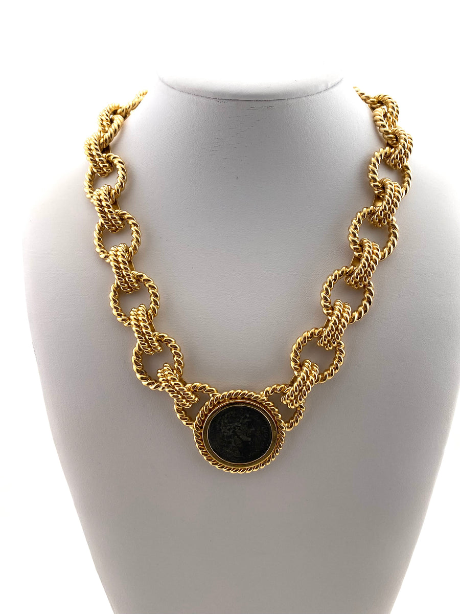 1970s Ciner Coin Necklace with Rope Twist Chain
