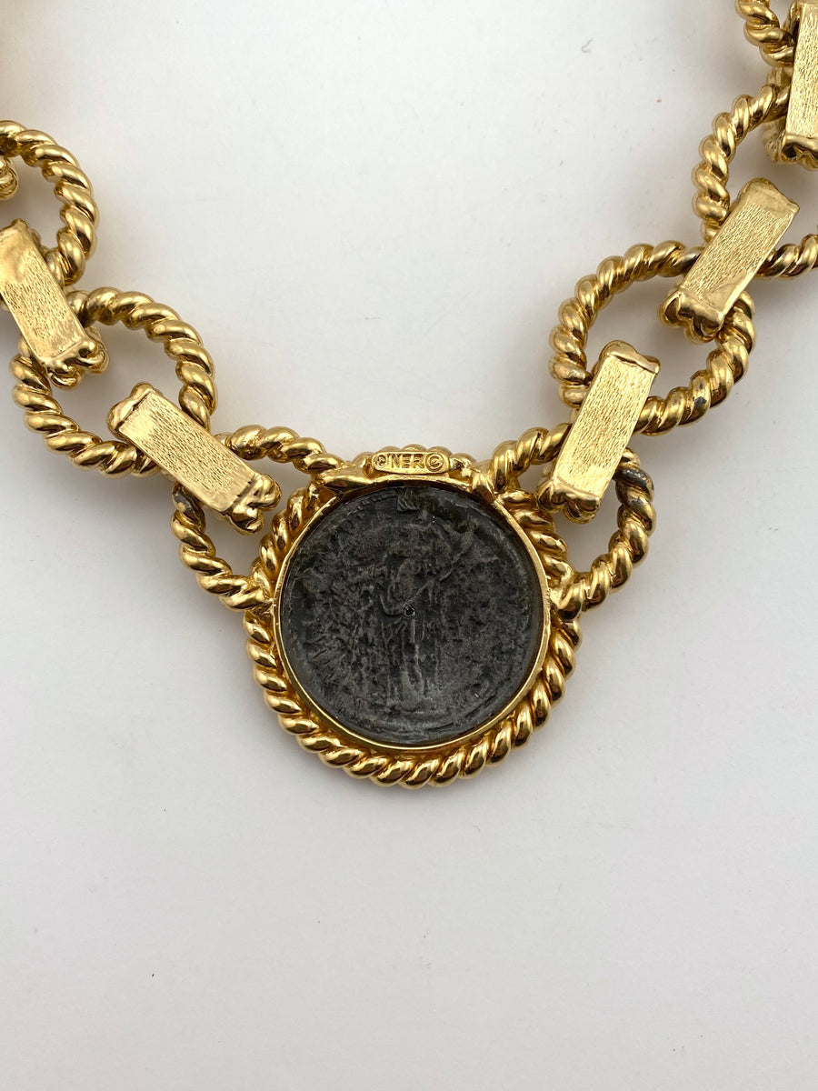 1970s Ciner Coin Necklace with Rope Twist Chain
