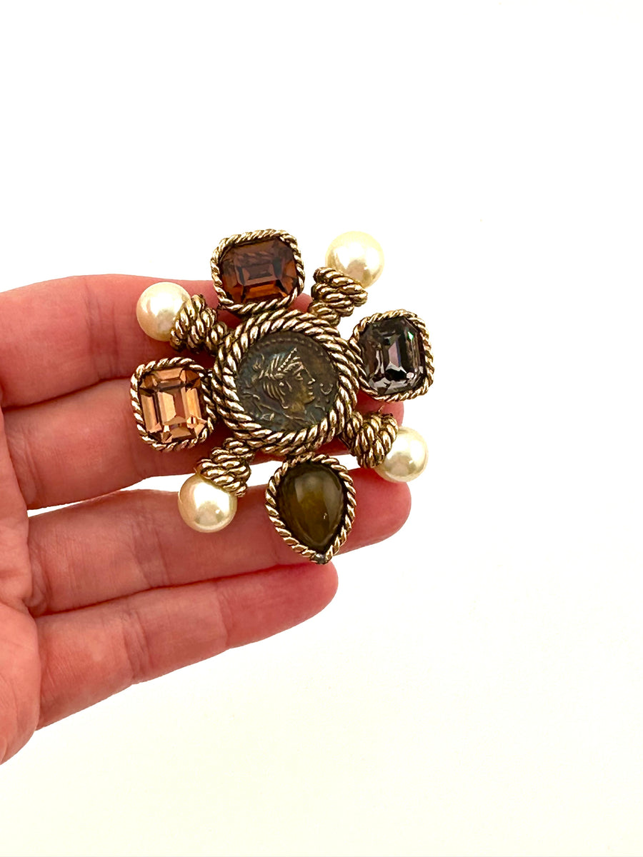 Vintage 1970s Ciner Roman Coin Pearl and Glass Stone Brooch