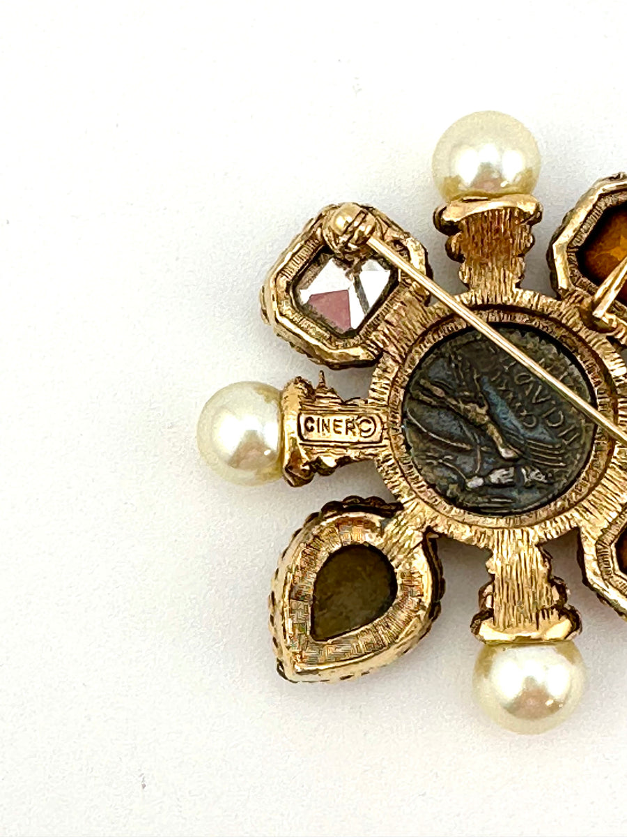 Vintage 1970s Ciner Roman Coin Pearl and Glass Stone Brooch