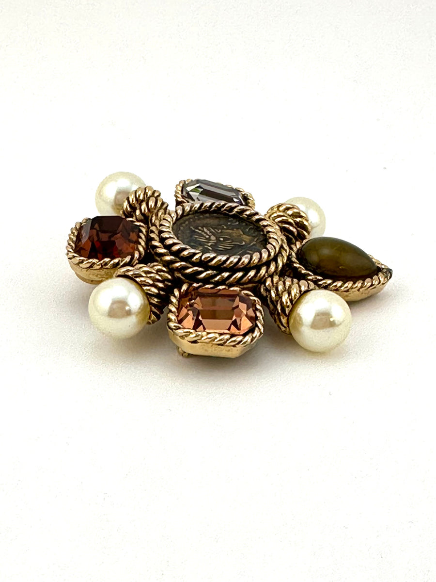 Vintage 1970s Ciner Roman Coin Pearl and Glass Stone Brooch