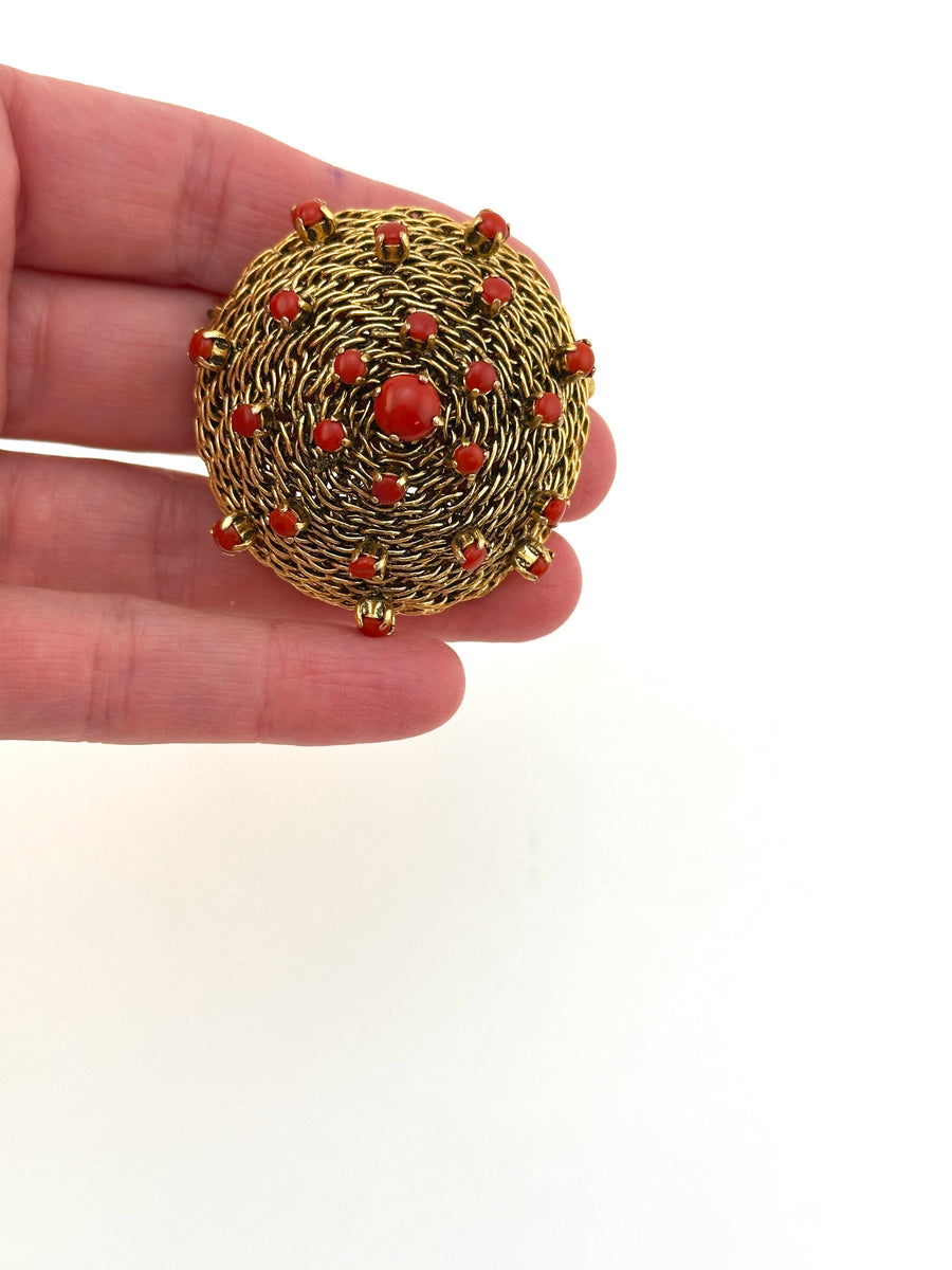1960's Christian Dior Gold and Coral Domed Brooch 1963