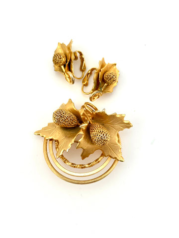 1950s Goldtone Leaf and Berry Brooch and Earrings Set