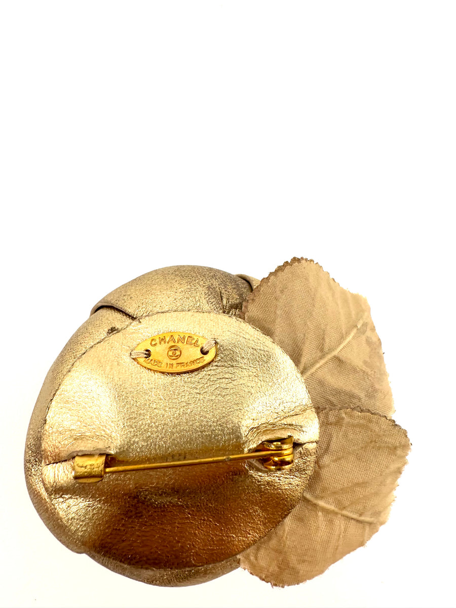 Vintage Chanel Gold Leather Camellia Brooch