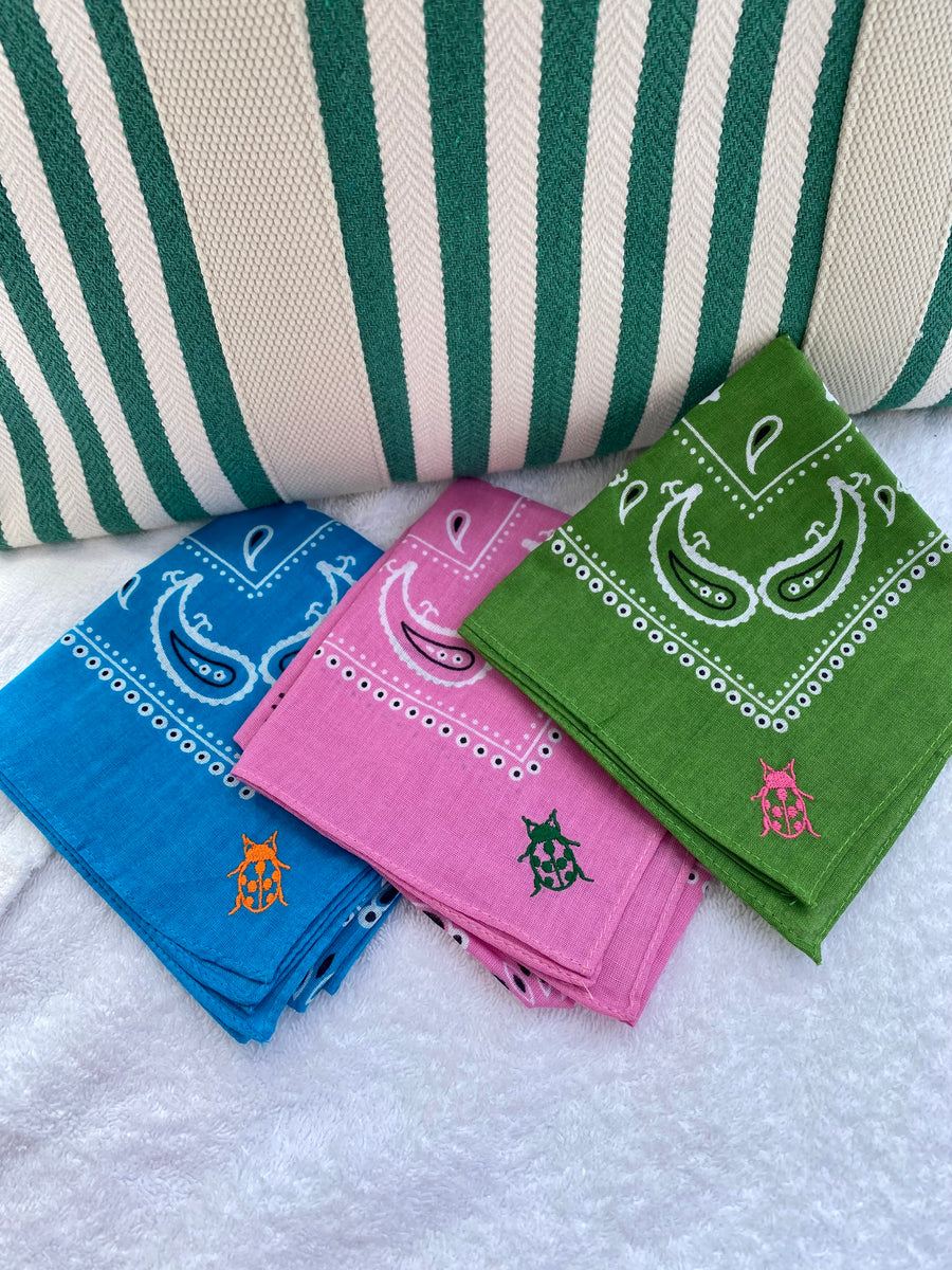 Pink Cotton Bandana with Green Ladybug Monogram