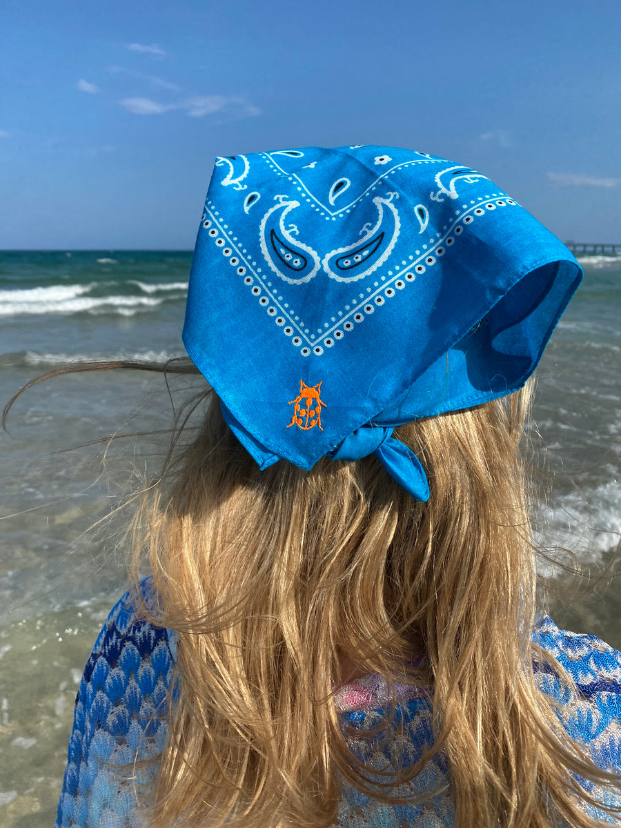 Royal Blue Cotton Bandana with Orange Ladybug Monogram