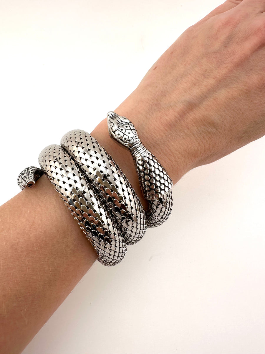 Whiting & Davis Silvertone Triple Coiled Snake Bracelet 1960s