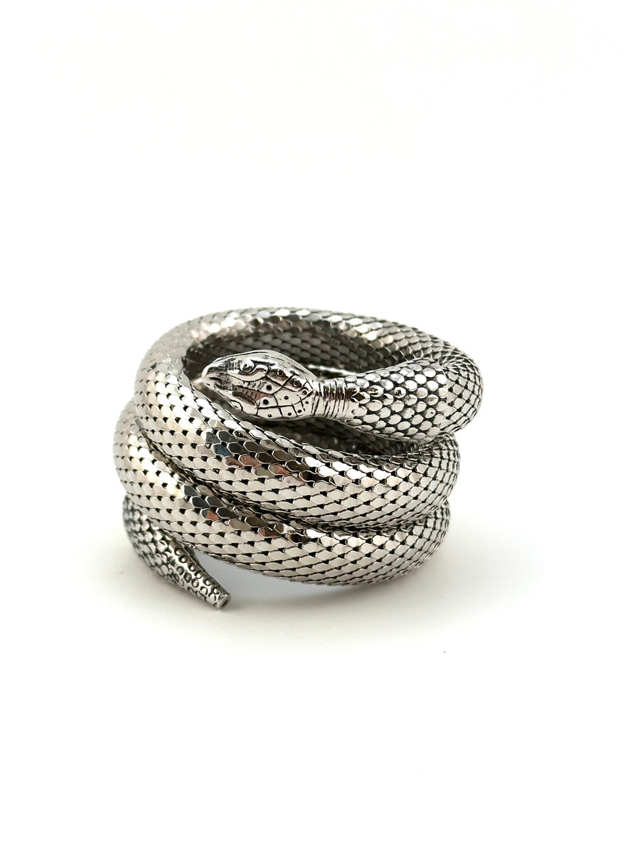 Whiting & Davis Silvertone Triple Coiled Snake Bracelet 1960s