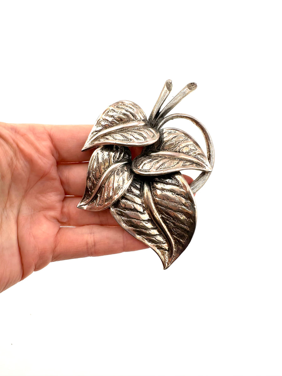 Large 1950s Silvertone Art Deco Leaf  Brooch